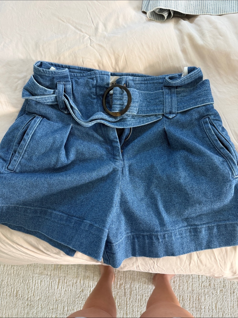 Sezane Blue Denim High-Rise Belted Shorts